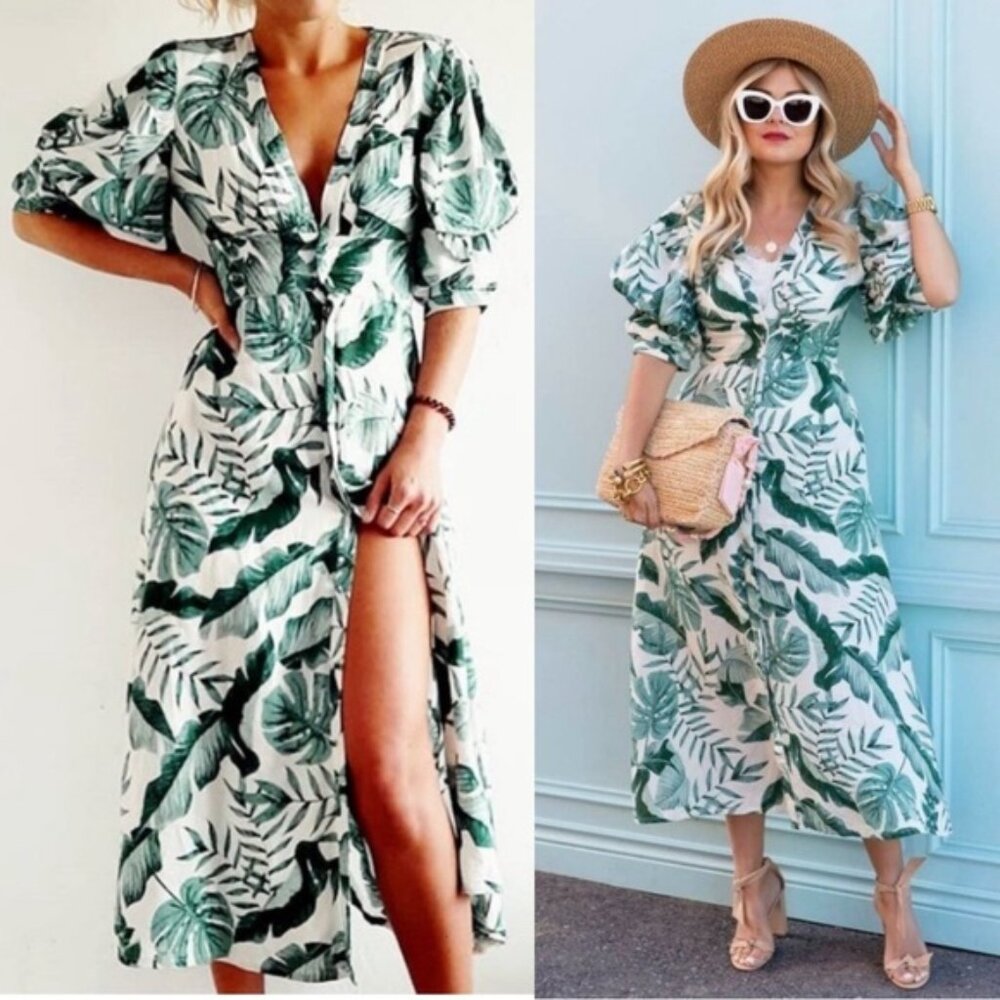 Tropical Leaf V-Neck Maxi Dress - Green/White
